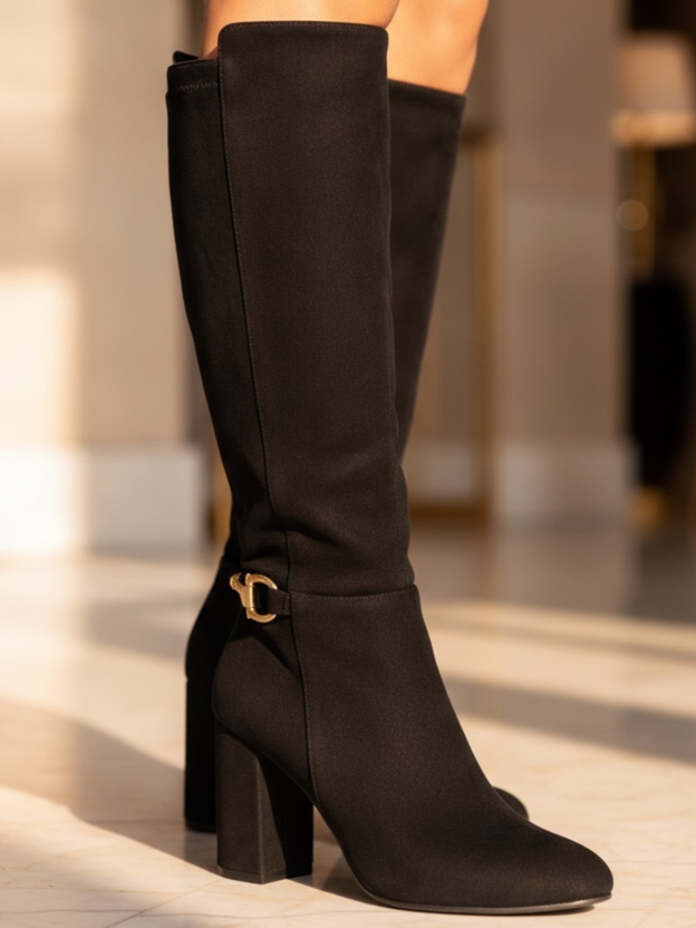 NWT Wild Diva Black Faux Suede Gold Chain Knee High Boots
